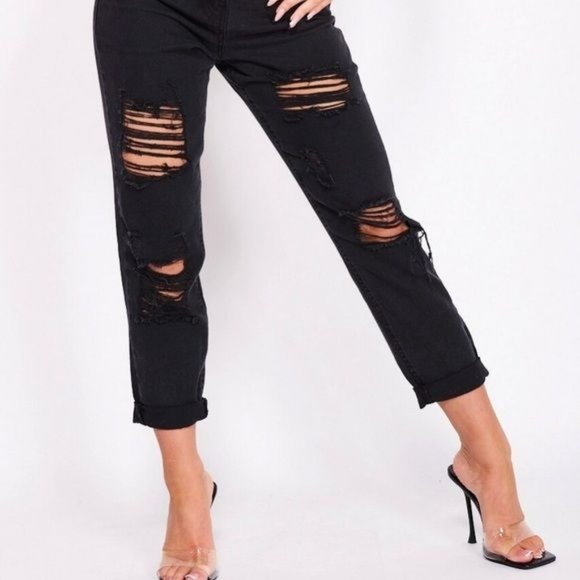 Parisian Charcoal Distressed Multi Rip Turn Up Hem Mom Jeans - Picture 5 of 5